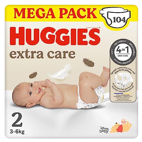 Huggies Extra Care Bebe, Pannolini Taglia 2 (3-6Kg), Ultra assorbente, Design Disney, Pacco Mega, 104 Pz - Design e materiali