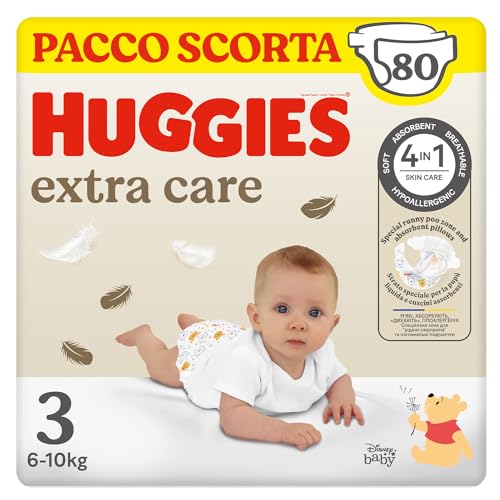 Huggies Extra Care, Pannolini Taglia 3 (6-10Kg), Ultra assorbente, Design Disney, Pacco Scorta, 80 Pz - Design e materiali