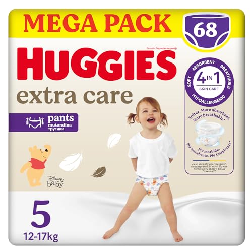 Huggies Extra Care Pannolino Mutandina, Ultra assorbente, Taglia 5 (12-17 Kg), Confezione da 68 Pannolini - Design e materiali