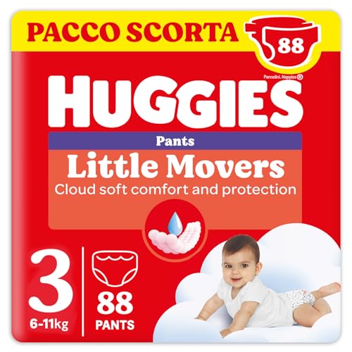 Huggies Little Movers Pannolini Mutandina Taglia 3 (6-11 Kg), Ultra assorbente, Protezione completa, 88 Pz - Design e materiali