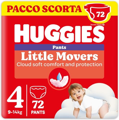 Huggies Little Movers Pannolini Mutandina Taglia 4 (9-14 Kg), Ultra assorbente, Protezione completa, 72 Pz - Design e materiali