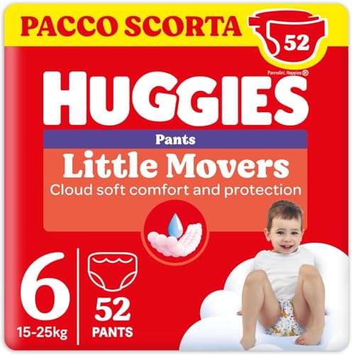 Huggies Little Movers Pannolini Mutandina Taglia 6 (15-25 Kg), Ultra assorbente, Protezione completa, 52 Pz - Design e materiali