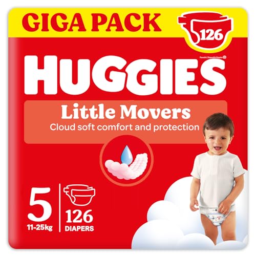 Huggies Pannolini Little Movers, Taglia 5 (11-25 Kg), Confezione da 126 pannolini, Formato Gigapack - Design e materiali