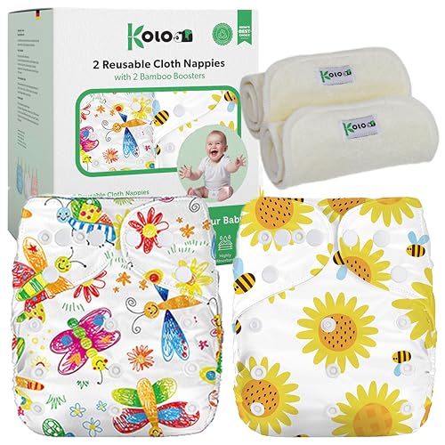 Kolo – Set 2 Pannolini Lavabili Riutilizzabili per Neonati e Bambini + 2 Inserti Assorbenti in Bambù | Taglia Regolabile, Unisex, 100% Ecologici | Fantasia Bee&Butterfly - Design e materiali