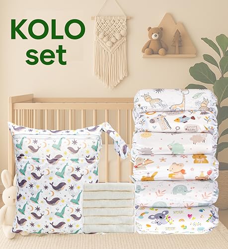 Kolo – Set di 6 Pannolini lavabili riutilizzabili per bambini e neonati + 6 inserti assorbenti in bambù + 1 borsa Wetbag. Taglia regolabile, unisex 100% Ecologici. Fantasia WhiteEssence - Prova pratica