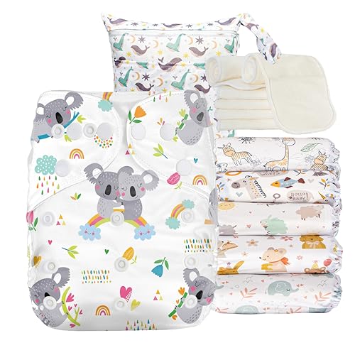 Kolo – Set di 6 Pannolini lavabili riutilizzabili per bambini e neonati + 6 inserti assorbenti in bambù + 1 borsa Wetbag. Taglia regolabile, unisex 100% Ecologici. Fantasia WhiteEssence - Design e materiali