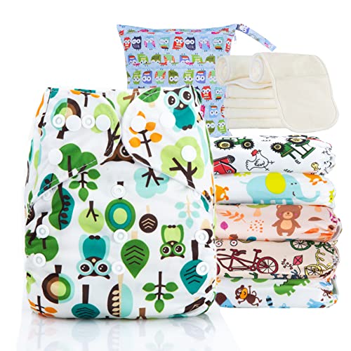 Kolo – Set di 6 Pannolini lavabili riutilizzabili per bambini e neonati + 6 inserti assorbenti in bambù + 1 borsa Wetbag. Taglia regolabile, unisex 100% Ecologici. - Design e materiali