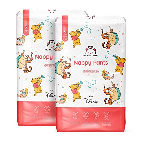 Marchio Amazon - Mama Bear Disney Pannolini mutandina, Taglia 5 (12-17 kg), Bianco, 140 unità (2 confezioni da 70), PACCO MENSILE - Design e materiali