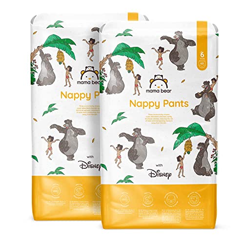 Marchio Amazon - Mama Bear Disney Pannolini mutandina, Taglia 6 (15+ kg), Bianco, 120 unità (2 confezioni da 60), PACCO MENSILE - Design e materiali