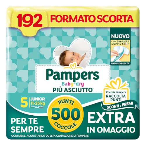 Pampers Baby Dry Junior, Taglia 5 (11-25 kg), 192 pannolini, con 500 Punti Coccole extra in omaggio - Design e materiali
