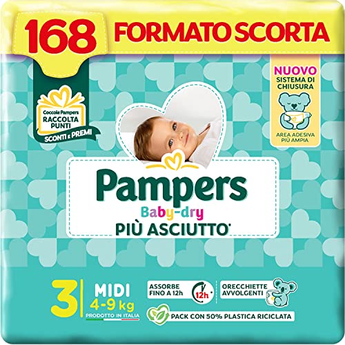 Pampers Baby Dry Midi, 168 Pannolini, Taglia 3 (4-9 kg), Cartone Da 56X3 - Design e materiali