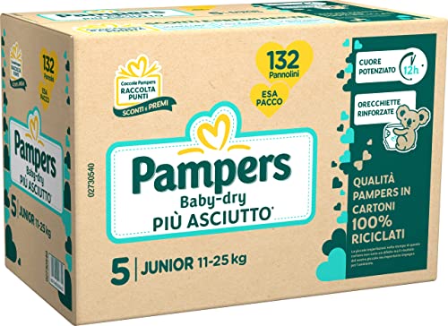 Pampers ESA BABY DRY JUNIOR, 132 Pannolini, Taglia 5 (11-25 kg) - Design e materiali