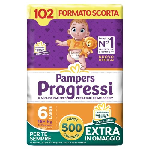 Pampers Progressi Extralarge +500 Punti Coccole extra in omaggio, Taglia 6 (16+ kg), 102 Pannolini (formato scorta) - Design e materiali