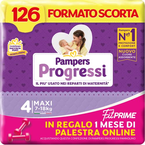 Pampers Progressi & Fit Prime Maxi, 126 Pannolini, Taglia 4 (7-18 Kg) - Design e materiali