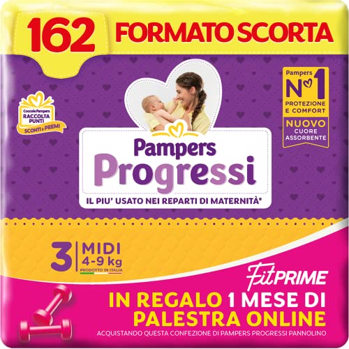 Pampers Progressi & Fit Prime Midi, Formato Scorta, 162 Pannolini, Taglia 3 (4-9 Kg), 1 Mese Di Palestra Online In Omaggio - Design e materiali