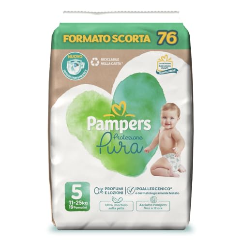 Pampers Protezione Pura, 76 Pannolini Ipoallergenici con 0% Profumo e lozioni, Taglia 5 11-25 Kg, Taglia 5 - Nuova versione - Design e materiali
