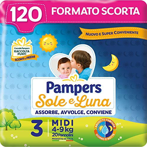 Pampers Sole e Luna Midi, 120 Pannolini, Taglia 3 (4-9 kg) - Design e materiali
